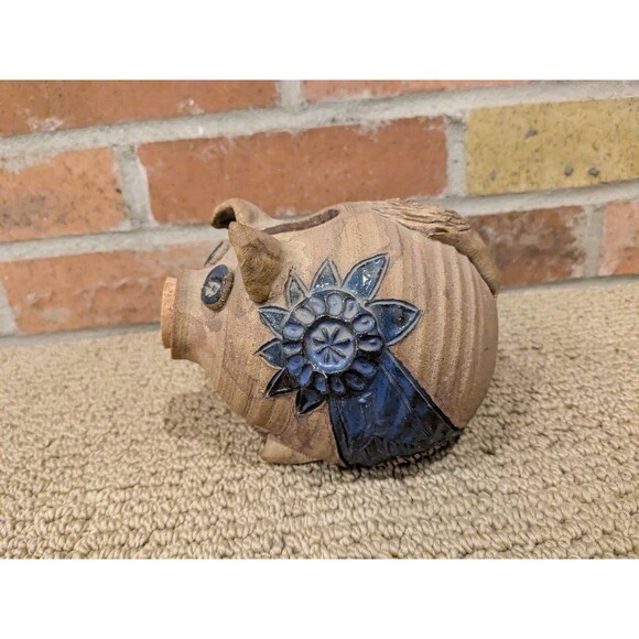 Vintage 1970s Rustic Stoneware Piggy Bank w/ Cork Nose Pottery Pig 5'' - Picture 3 of 10